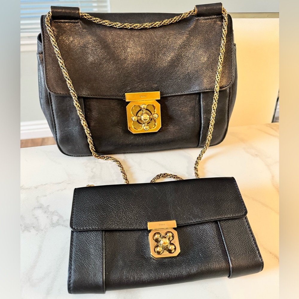 Chloé Black Elsie Medium Calfskin Chain Shoulder Bag & Matching Wallet Set